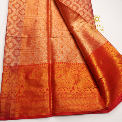 Dusty Rose Brocade Silk Saree with Antique Gold Zari Border & Rich Copper Brocade Pallu