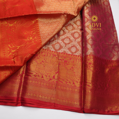 Dusty Rose Brocade Silk Saree with Antique Gold Zari Border & Rich Copper Brocade Pallu
