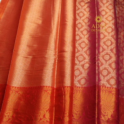 Dusty Rose Brocade Silk Saree with Antique Gold Zari Border & Rich Copper Brocade Pallu