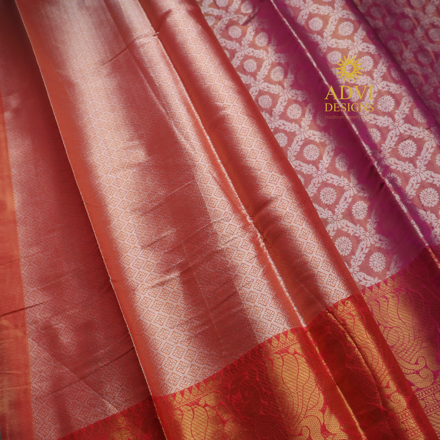 Dusty Rose Brocade Silk Saree with Antique Gold Zari Border & Rich Copper Brocade Pallu