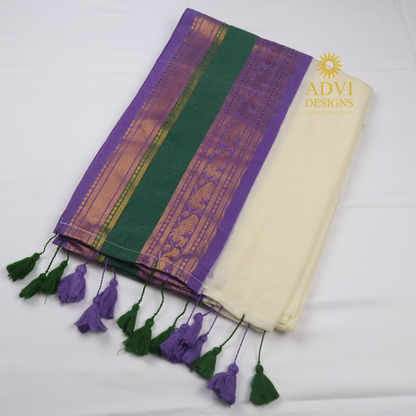 Premium 120 Count Mul Cotton Kanchi Border Saree with Blouse Piece – Off White, Purple & Bottle Green Contrast