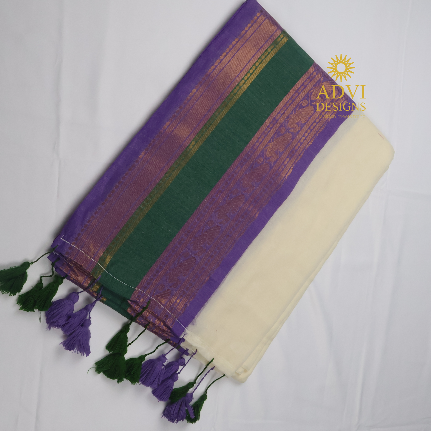 Premium 120 Count Mul Cotton Kanchi Border Saree with Blouse Piece – Off White, Purple & Bottle Green Contrast