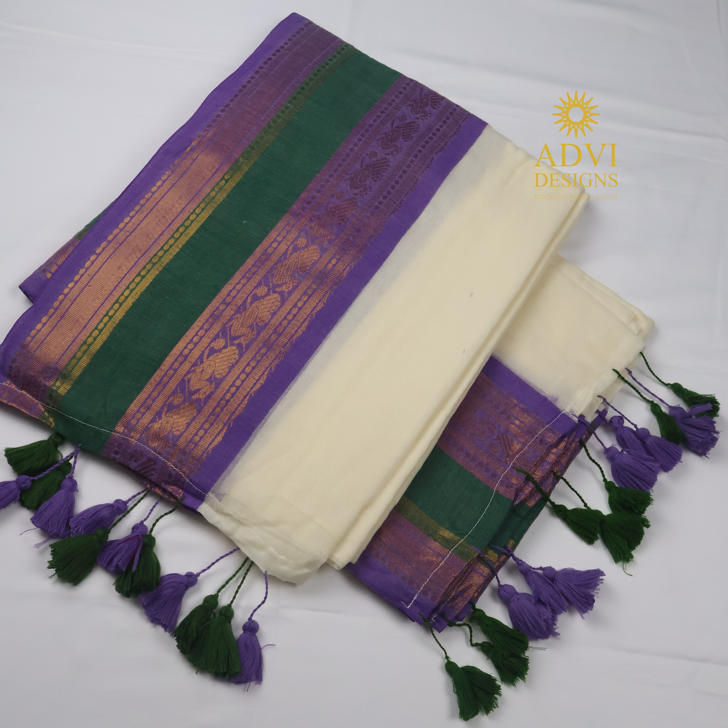 Premium 120 Count Mul Cotton Kanchi Border Saree with Blouse Piece – Off White, Purple & Bottle Green Contrast