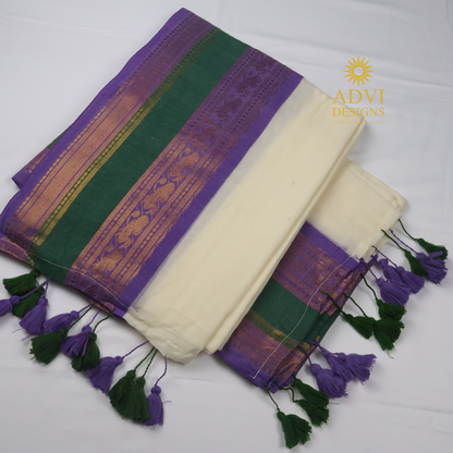 Premium 120 Count Mul Cotton Kanchi Border Saree with Blouse Piece – Off White, Purple & Bottle Green Contrast
