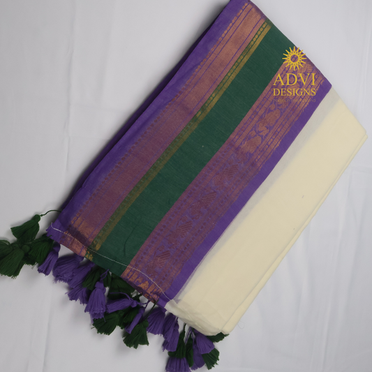 Premium 120 Count Mul Cotton Kanchi Border Saree with Blouse Piece – Off White, Purple & Bottle Green Contrast