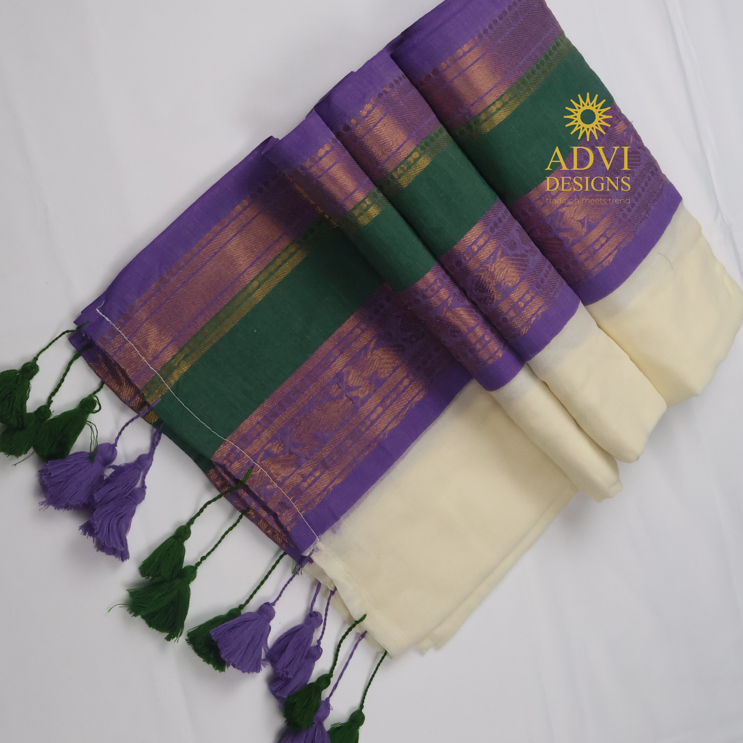 Premium 120 Count Mul Cotton Kanchi Border Saree with Blouse Piece – Off White, Purple & Bottle Green Contrast