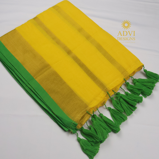 120 Count Mul Cotton Zari Stripe Saree in Sunshine Yellow with Emerald Green Border & Tassels