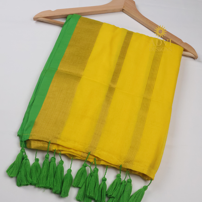 120 Count Mul Cotton Zari Stripe Saree in Sunshine Yellow with Emerald Green Border & Tassels