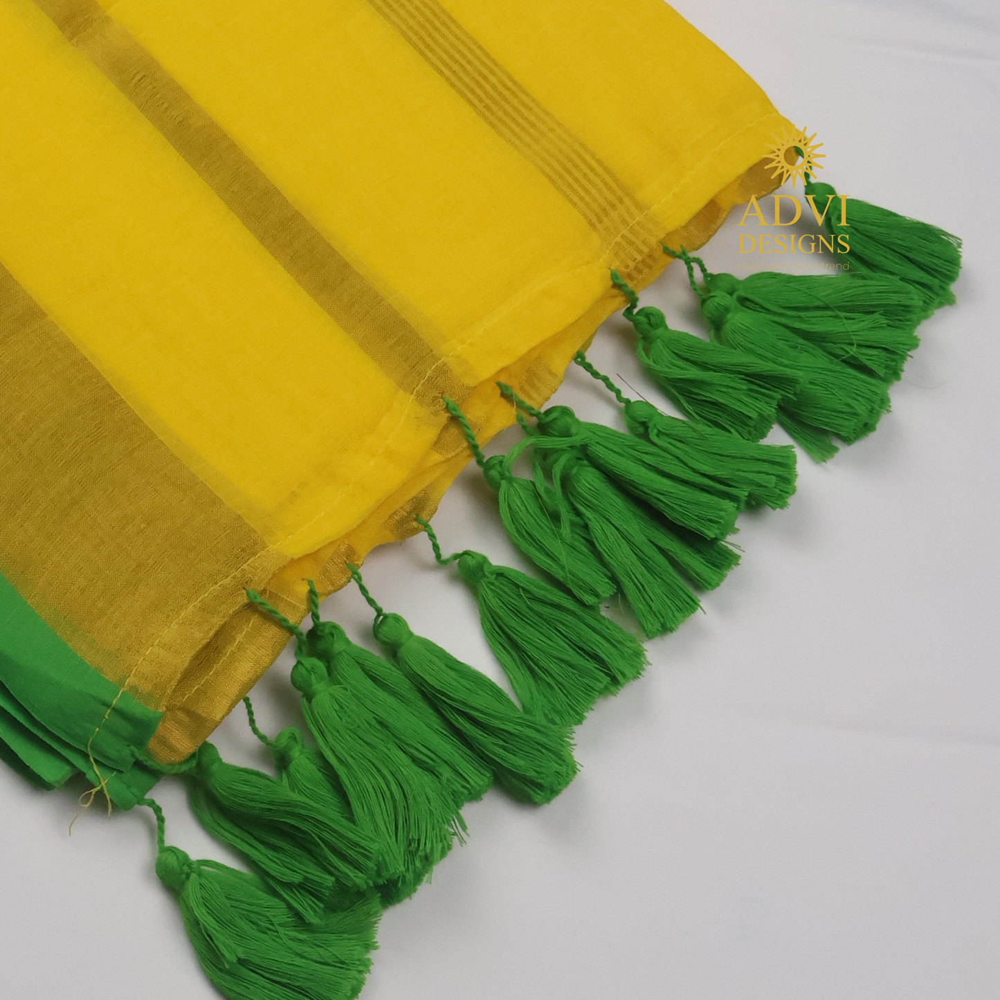 120 Count Mul Cotton Zari Stripe Saree in Sunshine Yellow with Emerald Green Border & Tassels