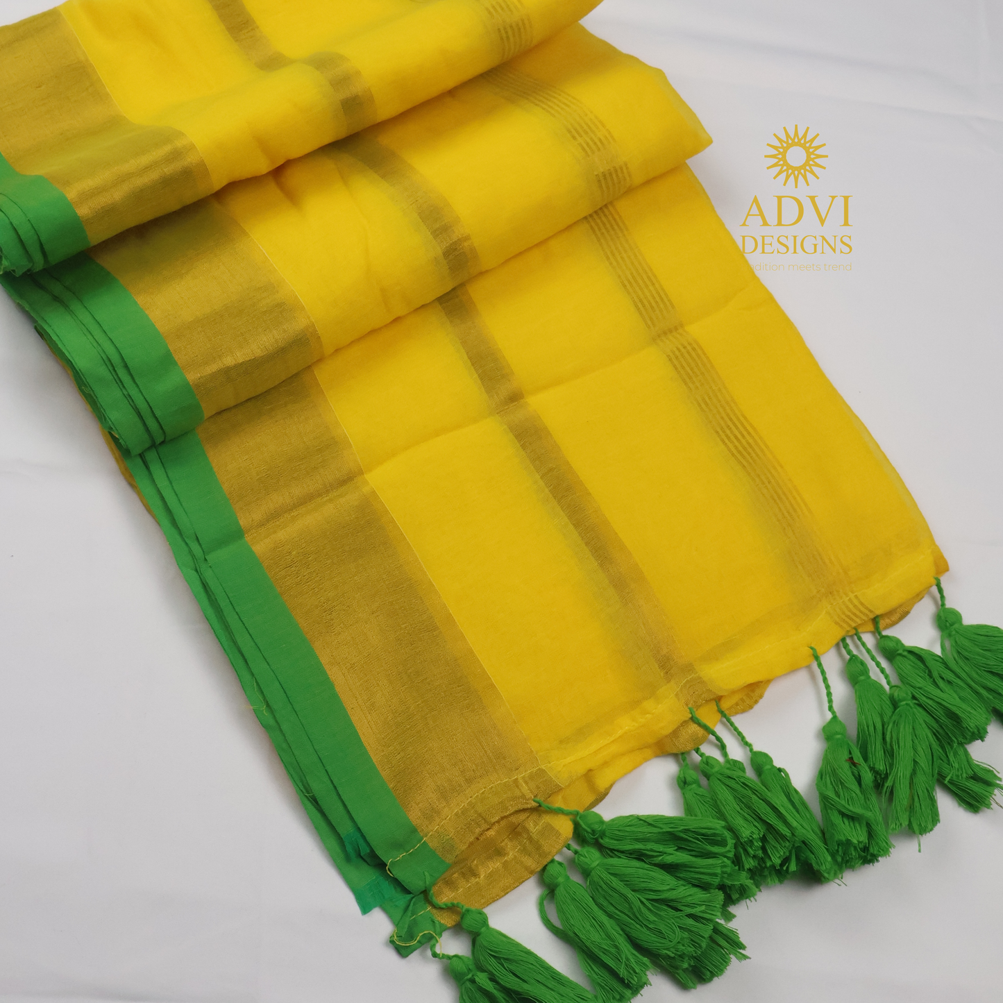 120 Count Mul Cotton Zari Stripe Saree in Sunshine Yellow with Emerald Green Border & Tassels