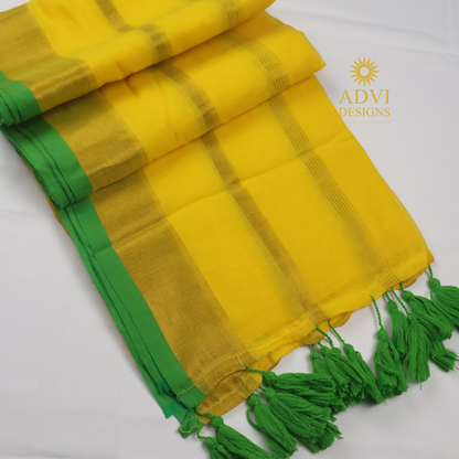 120 Count Mul Cotton Zari Stripe Saree in Sunshine Yellow with Emerald Green Border & Tassels