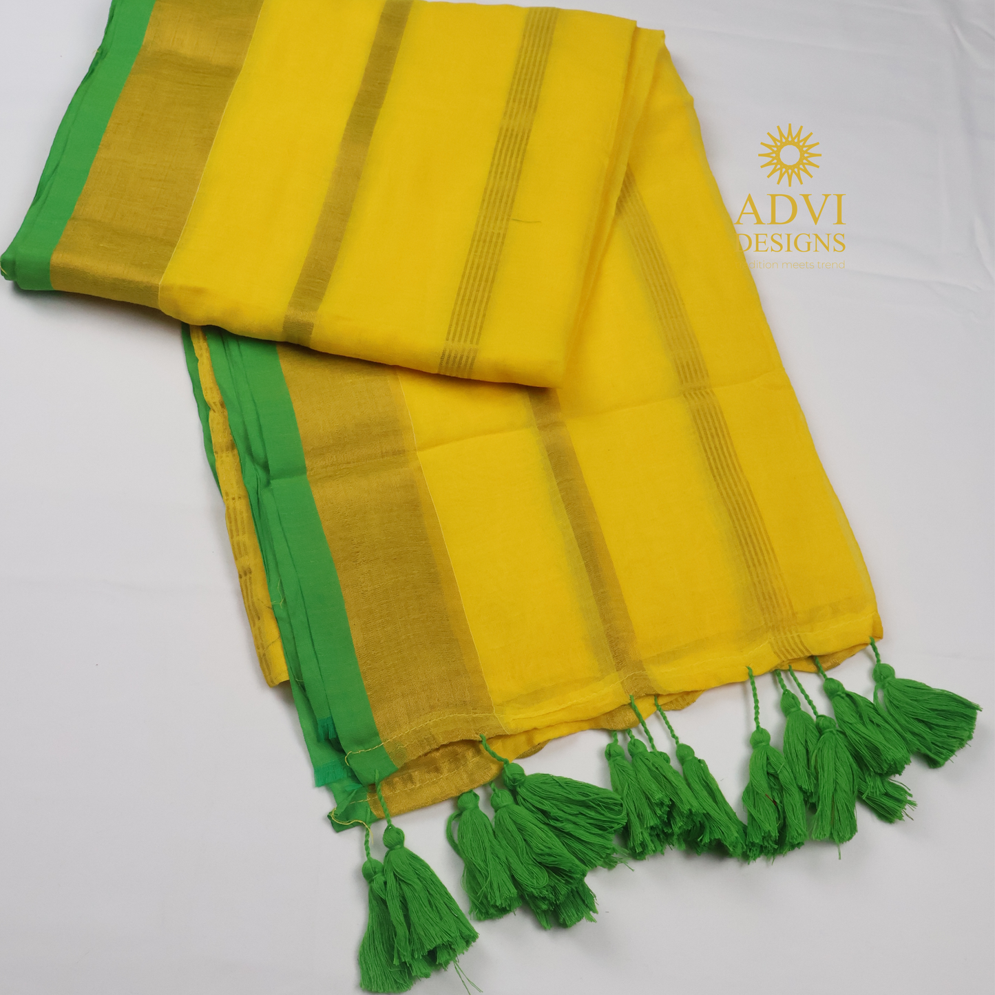 120 Count Mul Cotton Zari Stripe Saree in Sunshine Yellow with Emerald Green Border & Tassels