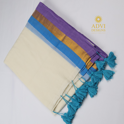 120 Count Kanchi Border Mul Cotton Saree in Ivory White with Lavender & Sky Blue Contrast Border