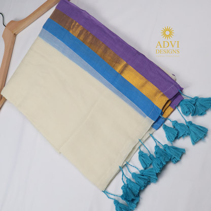 120 Count Kanchi Border Mul Cotton Saree in Ivory White with Lavender & Sky Blue Contrast Border