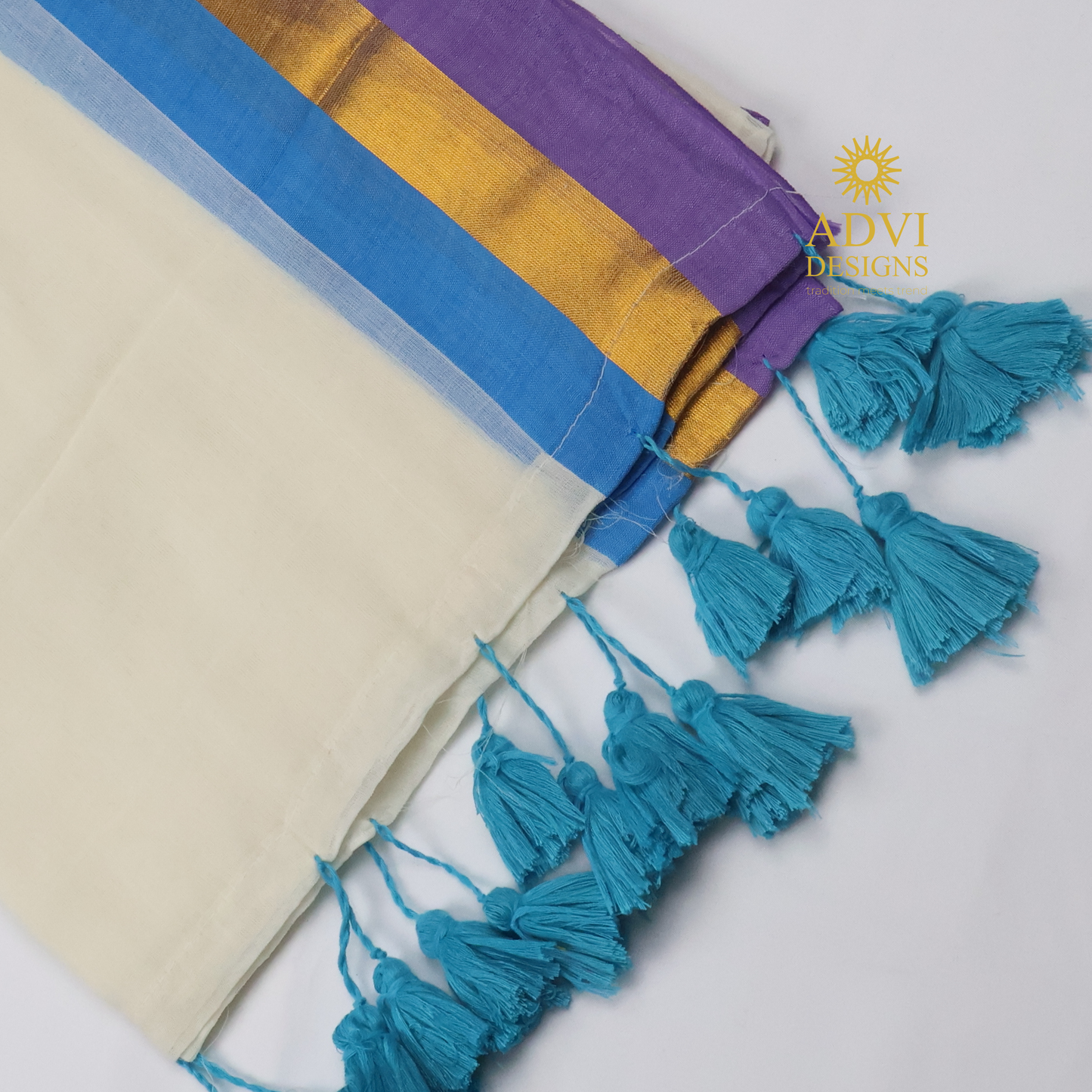 120 Count Kanchi Border Mul Cotton Saree in Ivory White with Lavender & Sky Blue Contrast Border