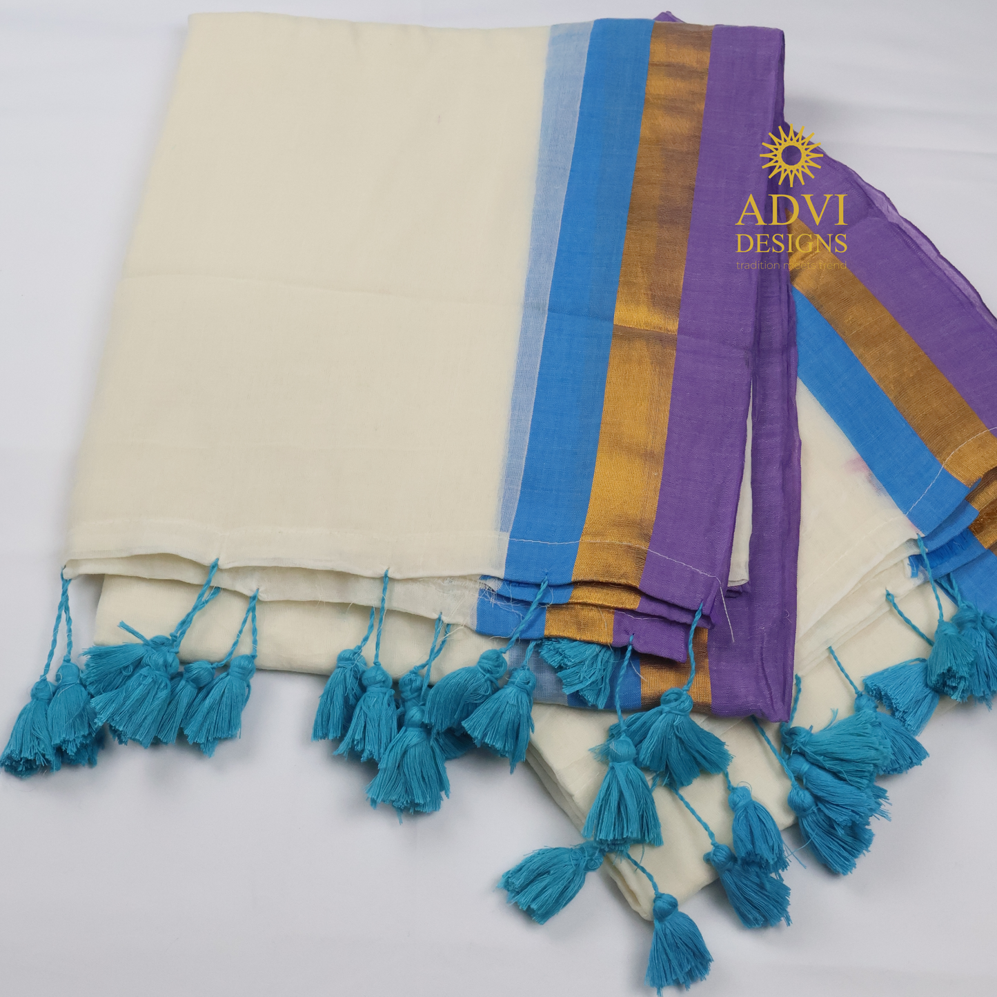 120 Count Kanchi Border Mul Cotton Saree in Ivory White with Lavender & Sky Blue Contrast Border