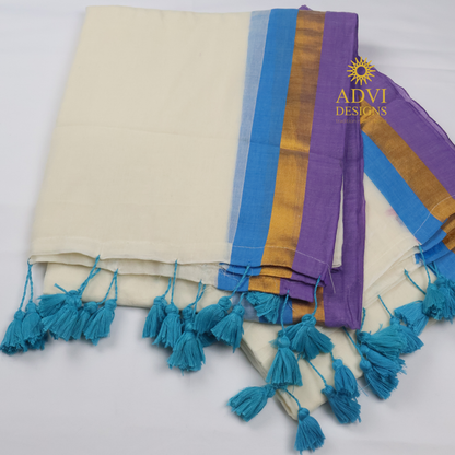 120 Count Kanchi Border Mul Cotton Saree in Ivory White with Lavender & Sky Blue Contrast Border