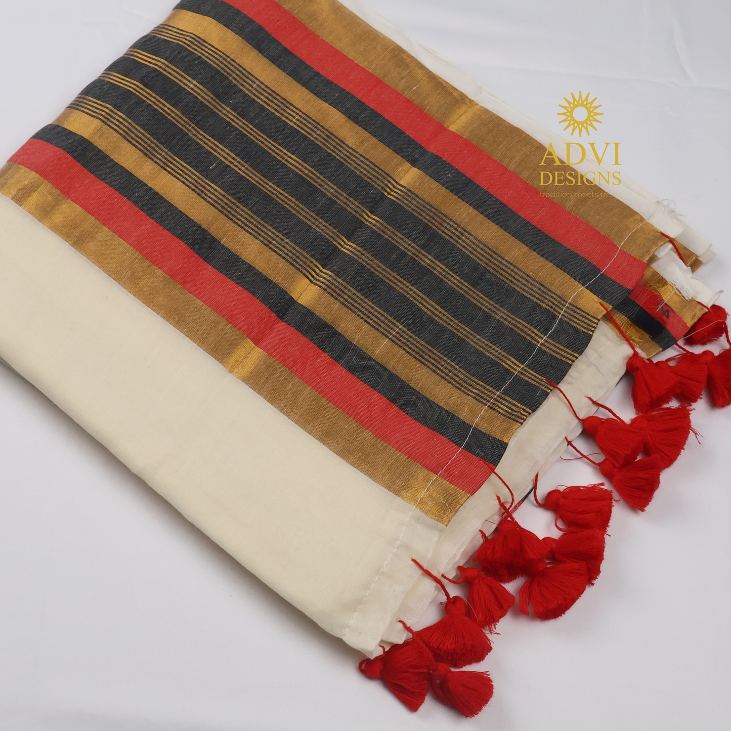 120 Count Mul Cotton Kanchi Border Saree in Ivory White with Black & Crimson Red Striped Border and Blouse