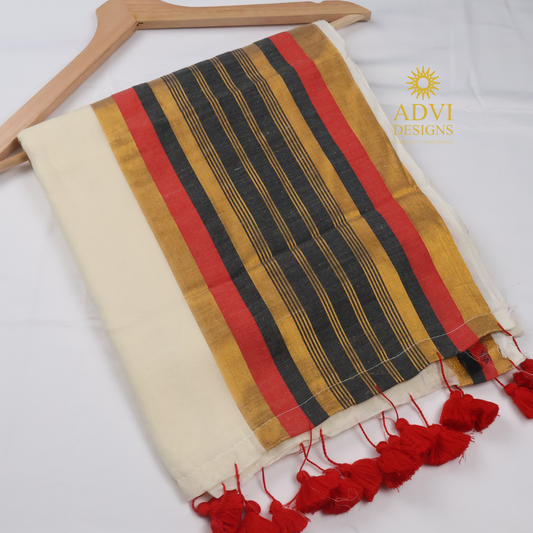 120 Count Mul Cotton Kanchi Border Saree in Ivory White with Black & Crimson Red Striped Border and Blouse