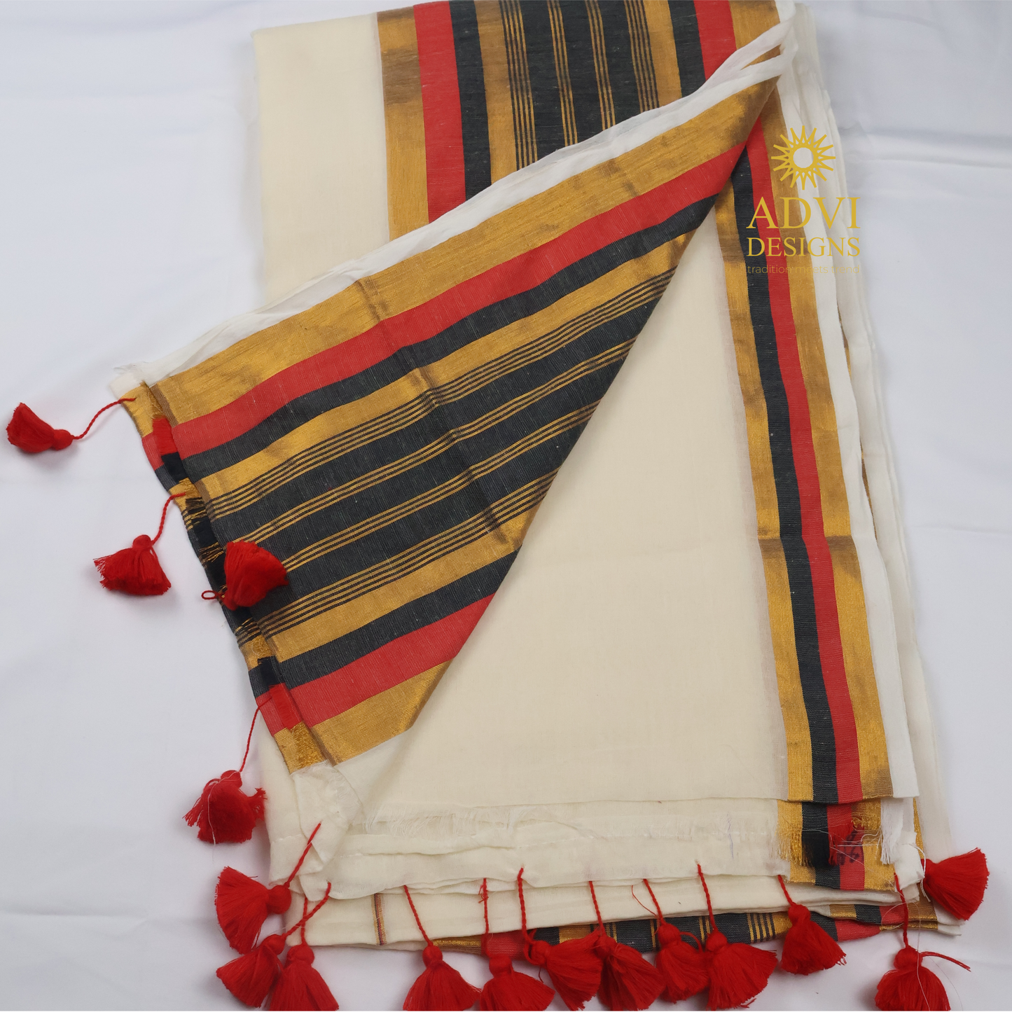 120 Count Mul Cotton Kanchi Border Saree in Ivory White with Black & Crimson Red Striped Border and Blouse
