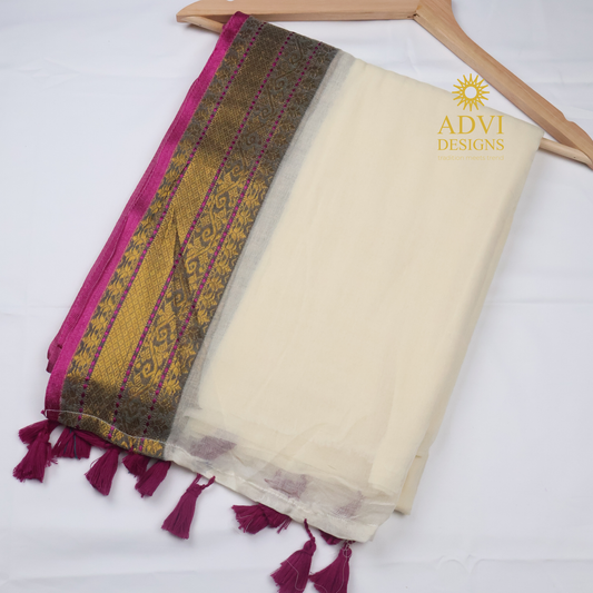 Premium Mul Cotton Saree in Ivory White with Antique Gold & Magenta Zari Border and Blouse