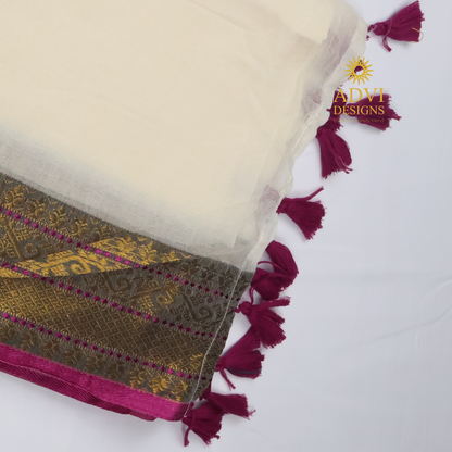 Premium Mul Cotton Saree in Ivory White with Antique Gold & Magenta Zari Border and Blouse