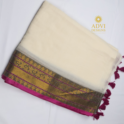 Premium Mul Cotton Saree in Ivory White with Antique Gold & Magenta Zari Border and Blouse