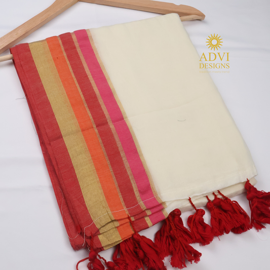 120 Count Mul Cotton Saree in Ivory White with Coral, Peach & Pink Zari Border