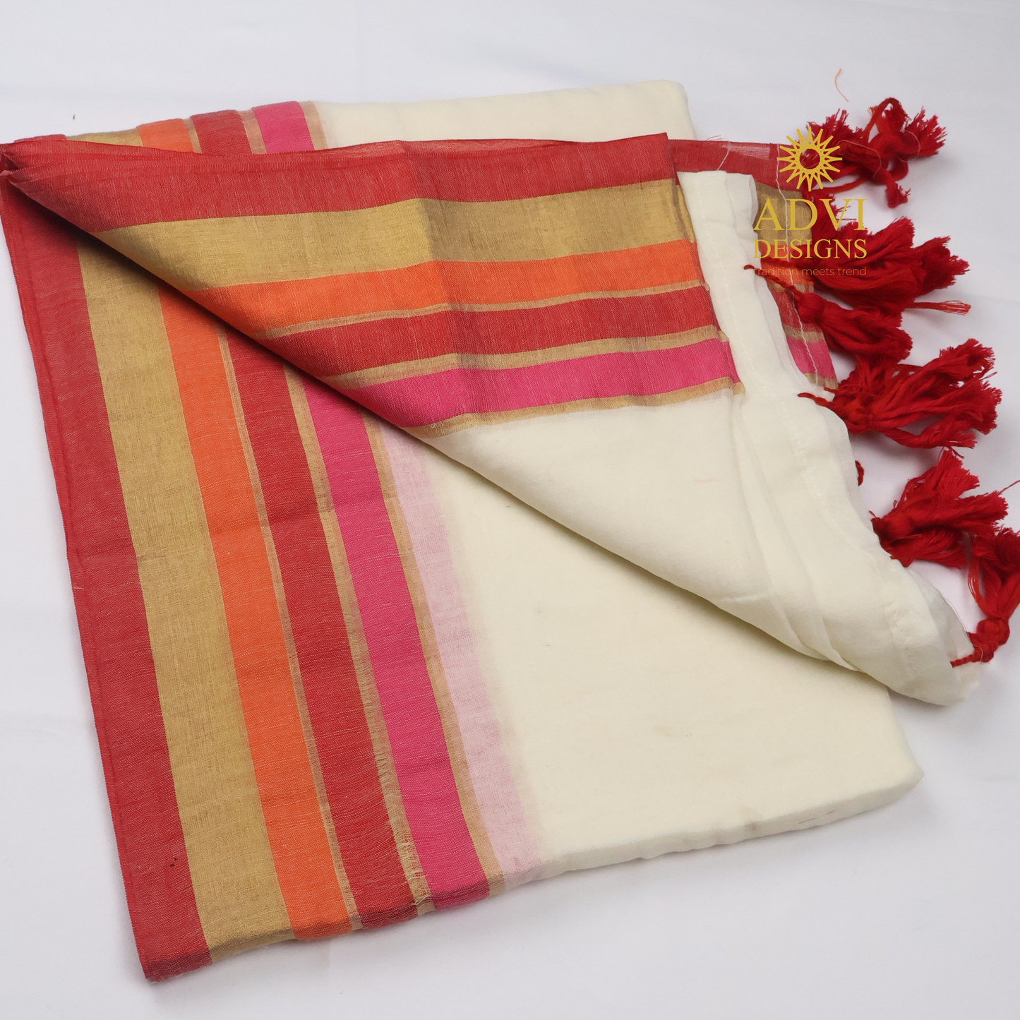120 Count Mul Cotton Saree in Ivory White with Coral, Peach & Pink Zari Border