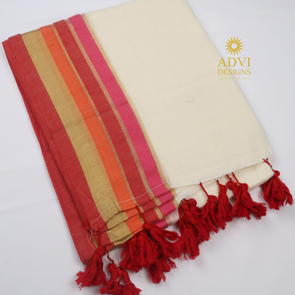 120 Count Mul Cotton Saree in Ivory White with Coral, Peach & Pink Zari Border