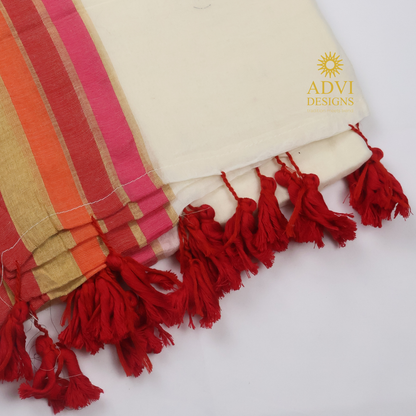 120 Count Mul Cotton Saree in Ivory White with Coral, Peach & Pink Zari Border