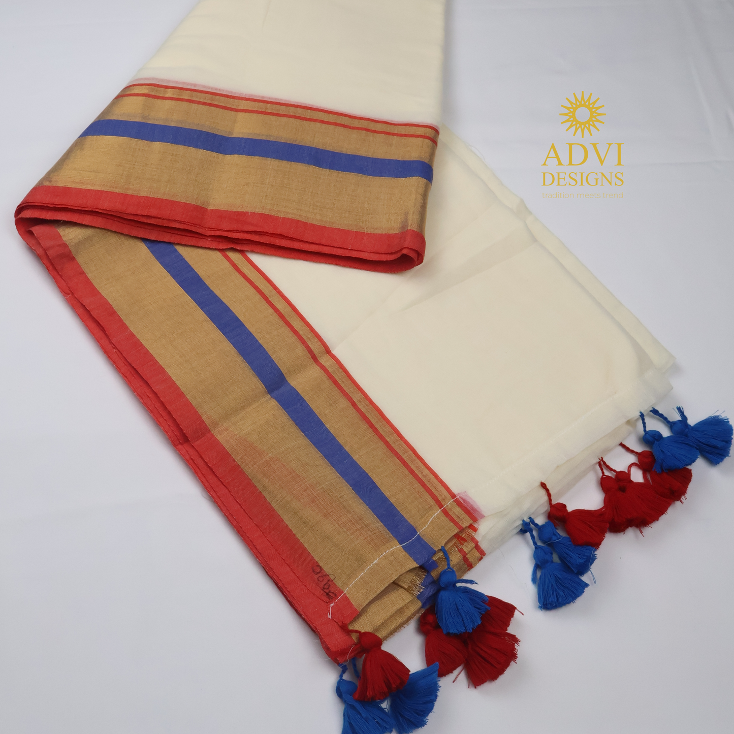 120 Count Mul Cotton Saree in Ivory White with Royal Blue & Coral Zari Border