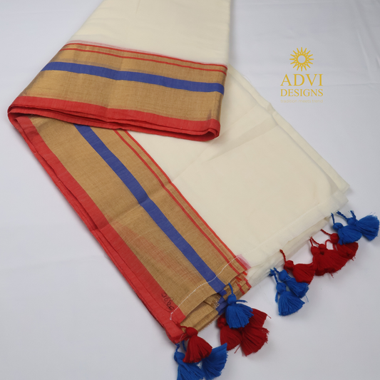 120 Count Mul Cotton Saree in Ivory White with Royal Blue & Coral Zari Border
