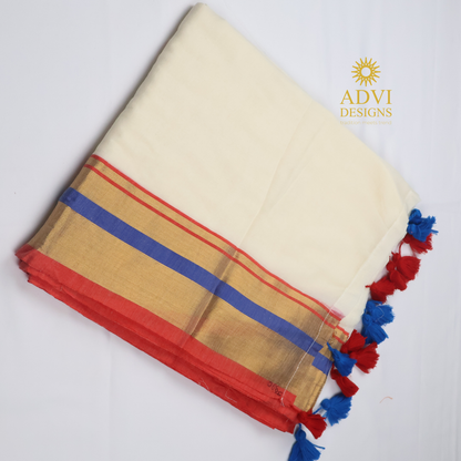 120 Count Mul Cotton Saree in Ivory White with Royal Blue & Coral Zari Border