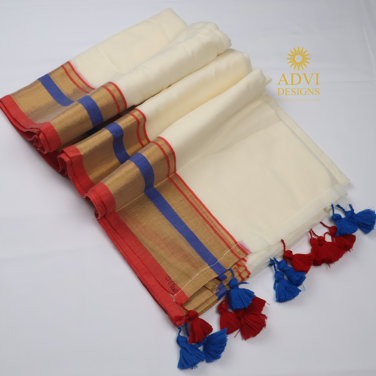 120 Count Mul Cotton Saree in Ivory White with Royal Blue & Coral Zari Border