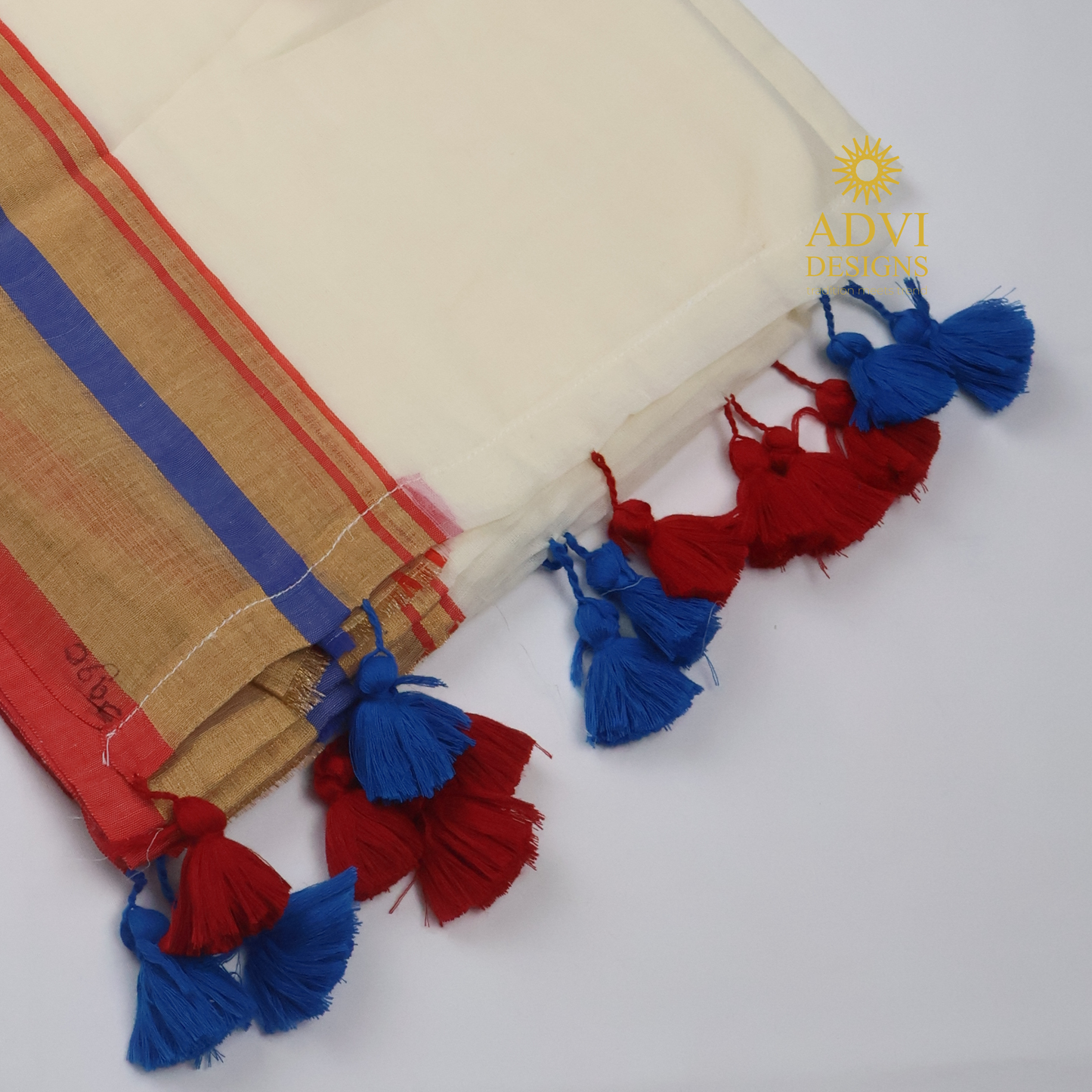120 Count Mul Cotton Saree in Ivory White with Royal Blue & Coral Zari Border