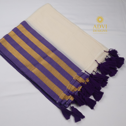 Premium 120 Count Mul Cotton Saree in Ivory White with Purple & Antique Gold Kanchi Border
