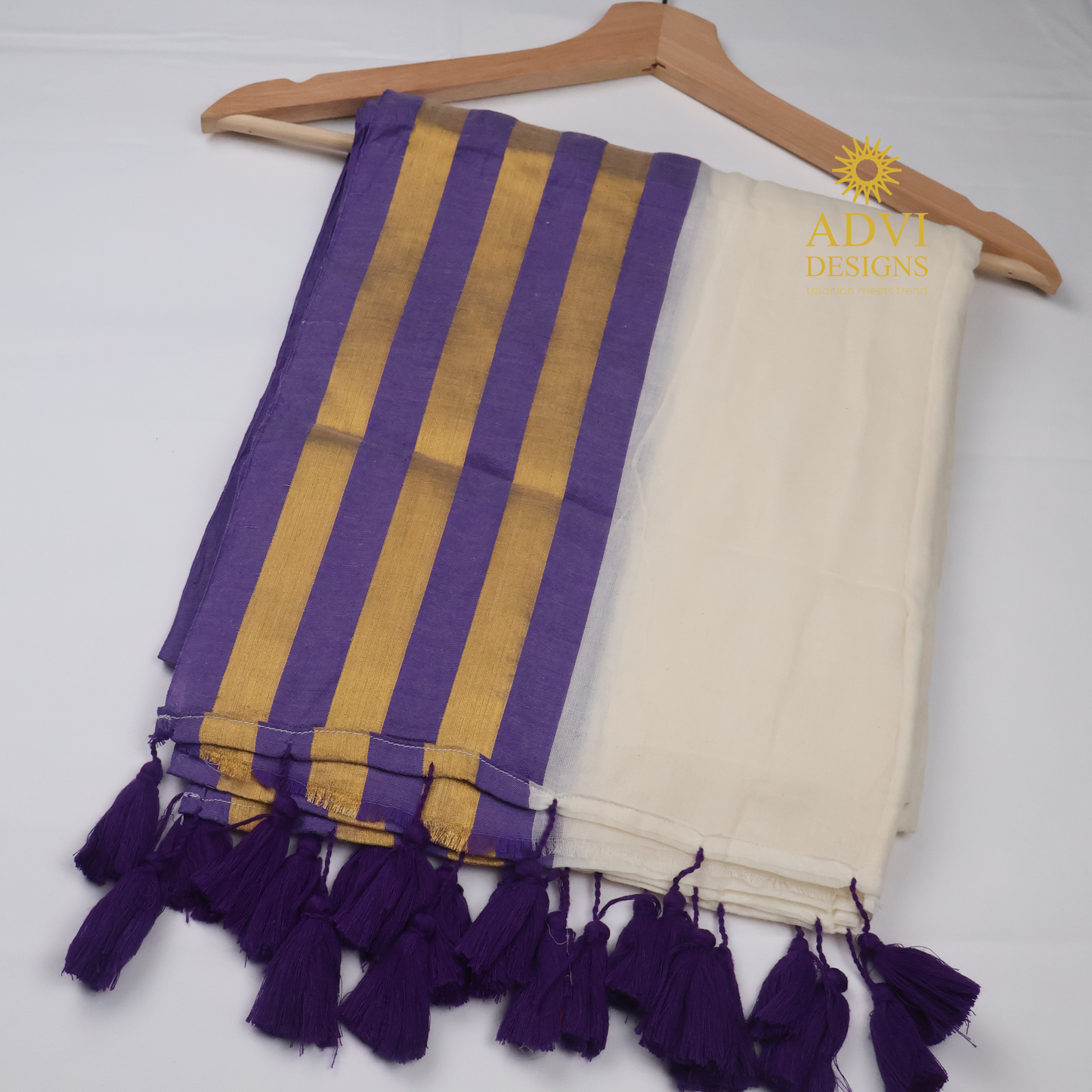 Premium 120 Count Mul Cotton Saree in Ivory White with Purple & Antique Gold Kanchi Border