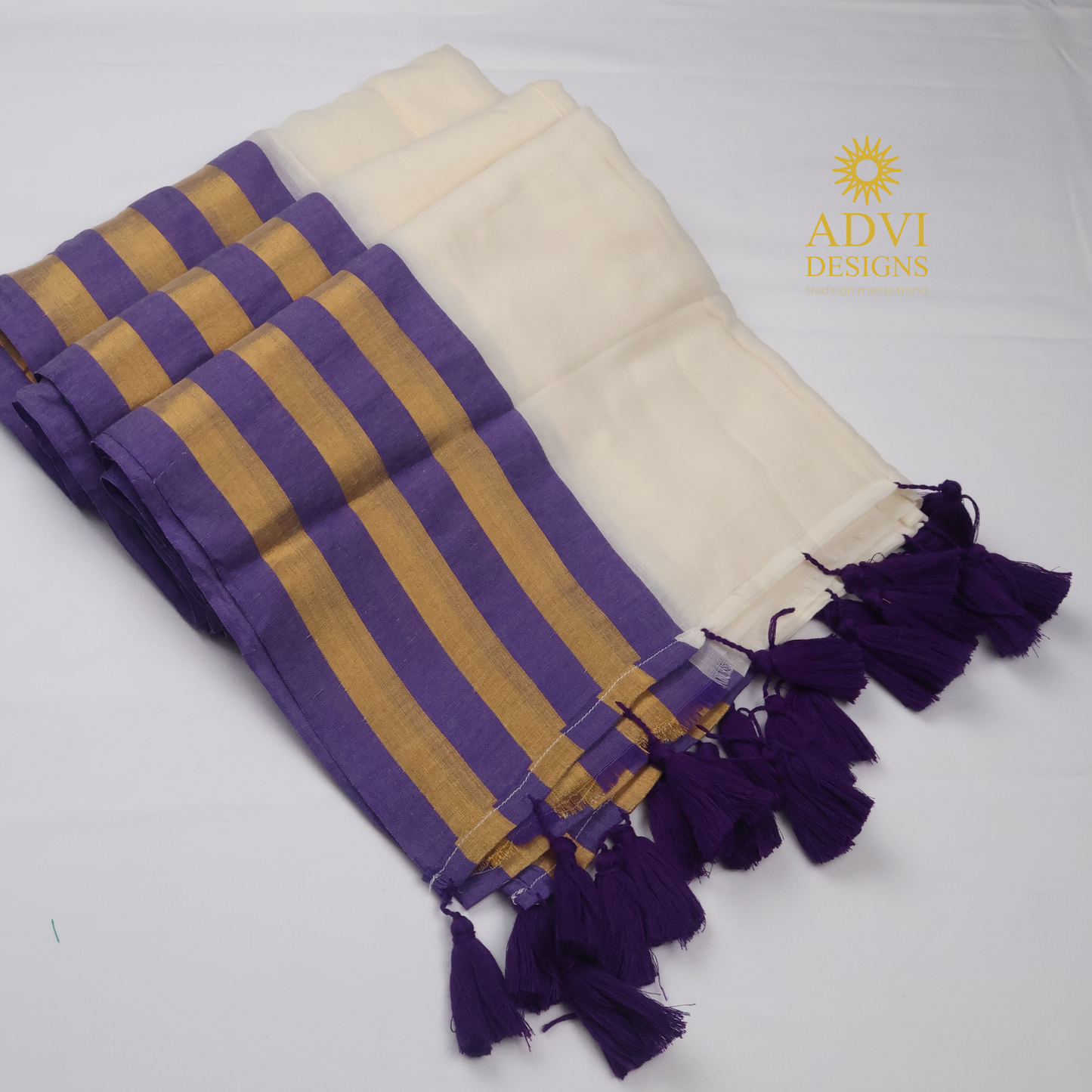 Premium 120 Count Mul Cotton Saree in Ivory White with Purple & Antique Gold Kanchi Border