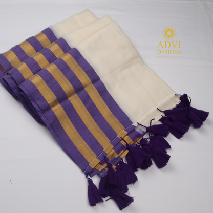 Premium 120 Count Mul Cotton Saree in Ivory White with Purple & Antique Gold Kanchi Border