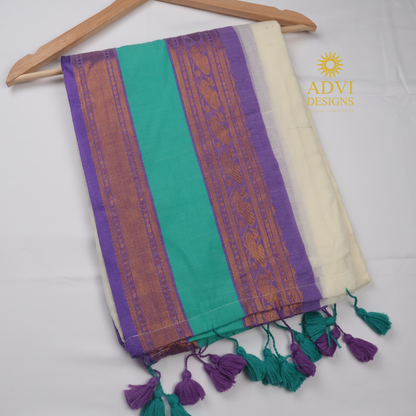 Premium 120 Count Mul Cotton Saree in Ivory White with Aqua Green & Lavender Kanchi Border