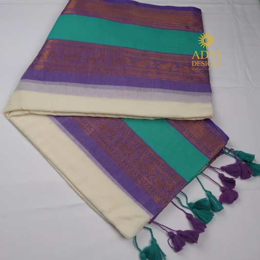 Premium 120 Count Mul Cotton Saree in Ivory White with Aqua Green & Lavender Kanchi Border