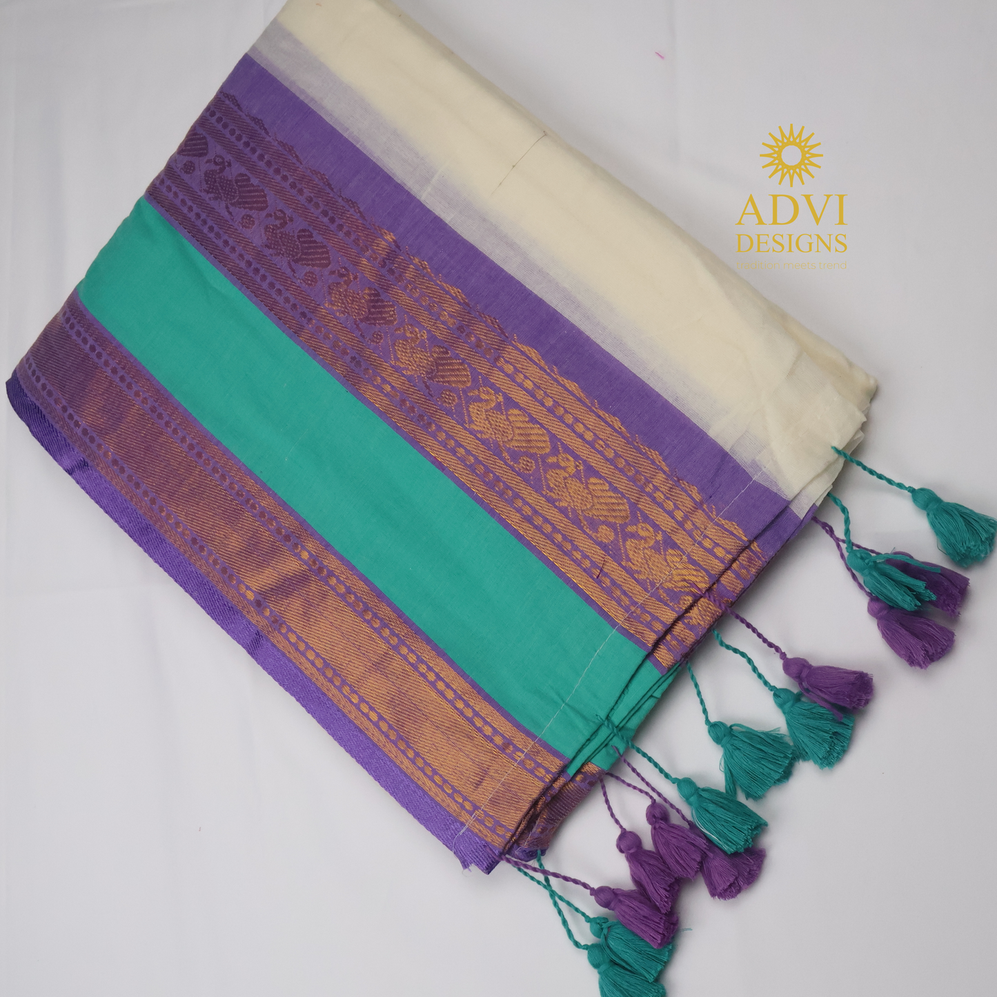 Premium 120 Count Mul Cotton Saree in Ivory White with Aqua Green & Lavender Kanchi Border