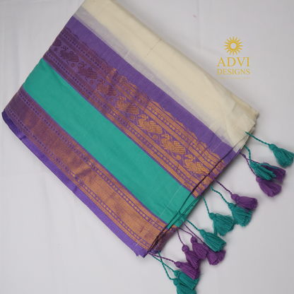Premium 120 Count Mul Cotton Saree in Ivory White with Aqua Green & Lavender Kanchi Border