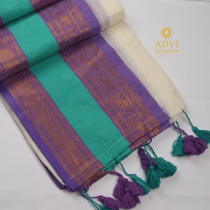 Premium 120 Count Mul Cotton Saree in Ivory White with Aqua Green & Lavender Kanchi Border