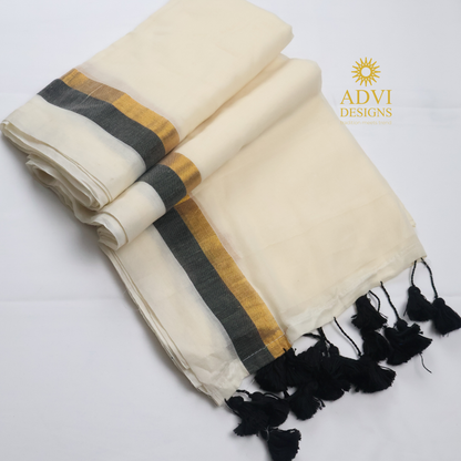 Premium Off White Mul Cotton Saree with Black & Gold Kasavu Border and Black Tassels