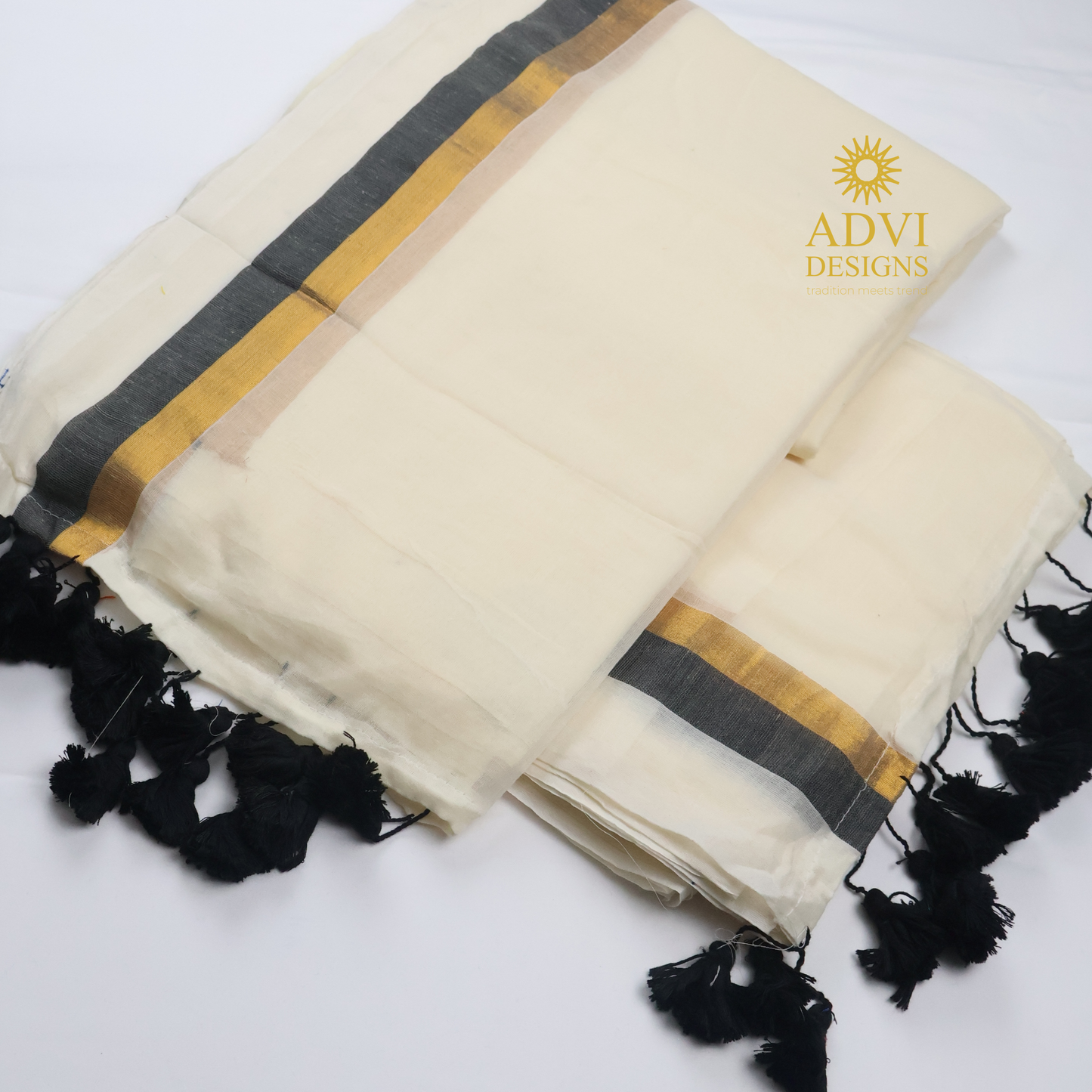Premium Off White Mul Cotton Saree with Black & Gold Kasavu Border and Black Tassels