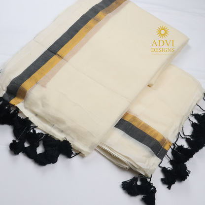 Premium Off White Mul Cotton Saree with Black & Gold Kasavu Border and Black Tassels