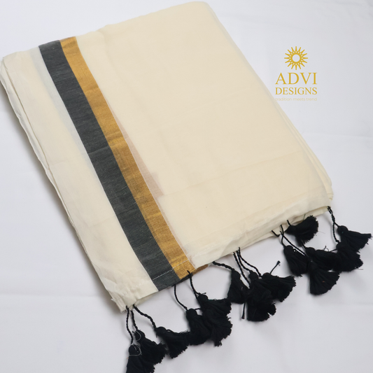Premium Off White Mul Cotton Saree with Black & Gold Kasavu Border and Black Tassels
