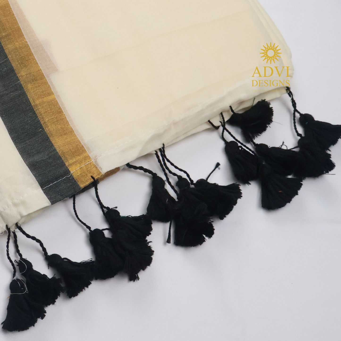 Premium Off White Mul Cotton Saree with Black & Gold Kasavu Border and Black Tassels